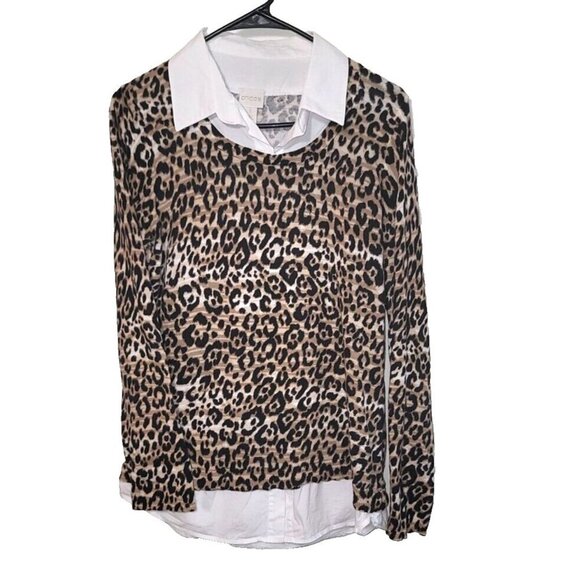 Chicos Womens sz 1 leopard print white collar long sleeve knitted top layered - Picture 1 of 9